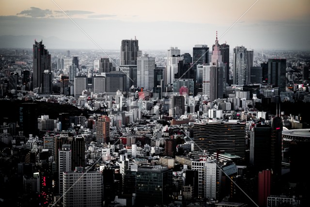 東京都心のビル群と夕景