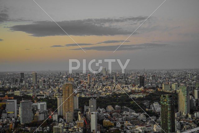 東京都心のビル群と夕景