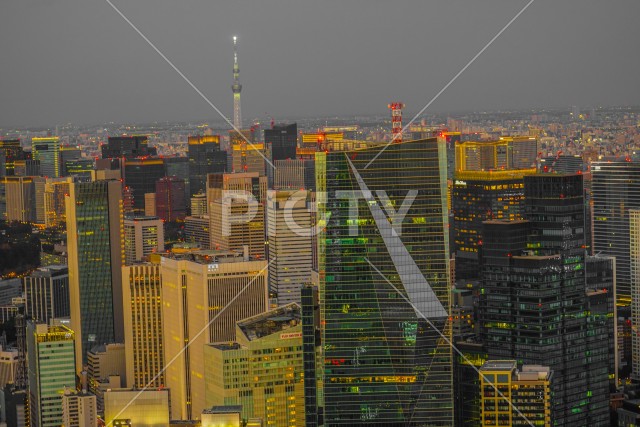 東京都心のビル群と夕景