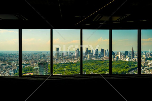窓越しに見える新宿のビル群