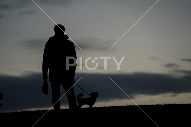 夕暮れの丘で犬の散歩をする人のシルエット