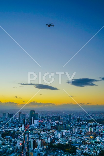 東京上空を飛行する飛行機（羽田新飛行経路）