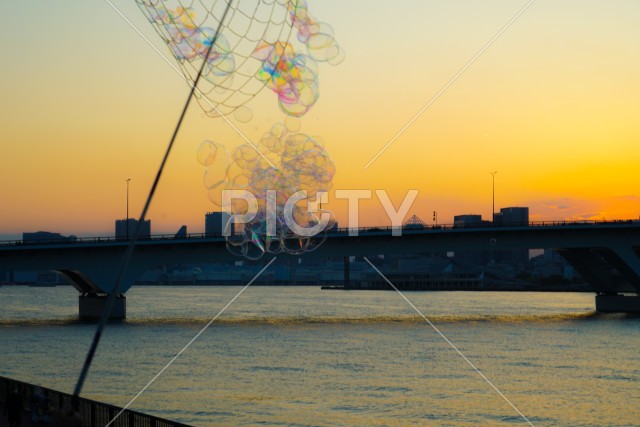 シャボン玉と夕景（東京都豊洲）