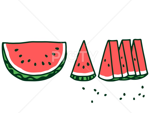 半月カットの西瓜とカット西瓜のカラーイラスト