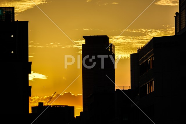夕景と建物のシルエット
