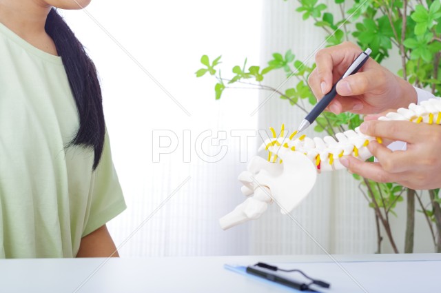 骨格模型で説明をする男性と患者の女性