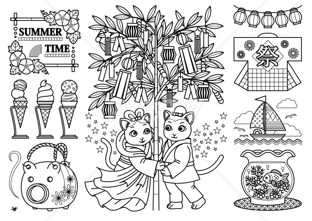 猫のイラスト夏のデザイン「SUMMER TIME（ぬりえ線画）」朝顔・アイスクリーム・蚊取り線香・七夕・織姫彦星・提灯・法被・ヨット・金魚鉢