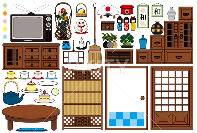 和室昭和レトロ装飾イラスト和風デザイン「和家具と和雑貨」