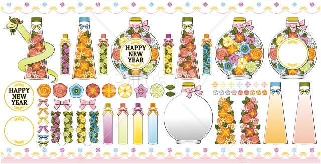 巳年イラスト年賀状デザイン素材「華やかハーバリウム」HAPPY NEW YEAR