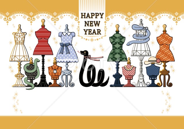 巳年イラスト年賀状デザイン「トルソーアクセサリースタンドマネキン」HAPPY NEW YEAR