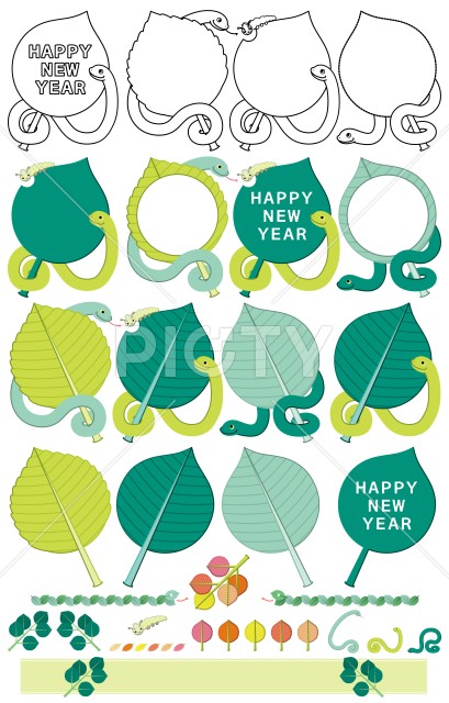 巳年イラスト年賀状デザイン素材「葉っぱと蛇と芋虫フレーム枠」HAPPY NEW YEAR