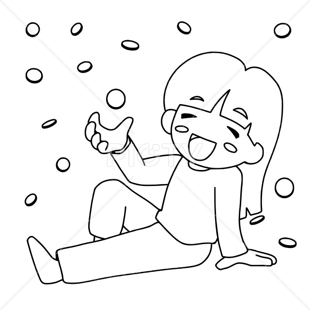 小銭に囲まれてウキウキな女性　線画