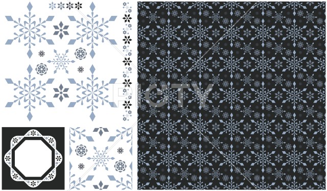 シームレスパターンテクスチャーと装飾図案デザイン「雪の結晶」寒色カラー