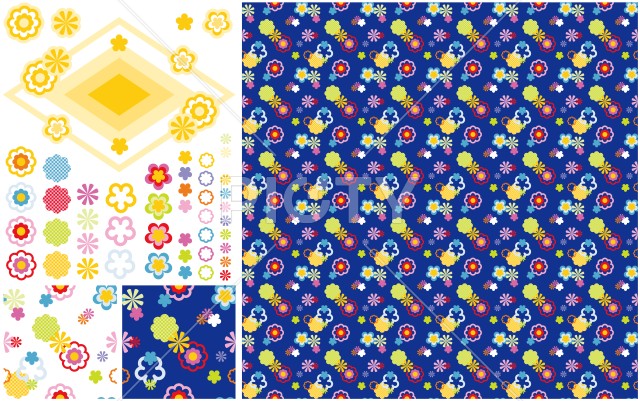 シームレスパターンテクスチャーと装飾図案デザイン「カラフル降る花柄」ビビッドカラー