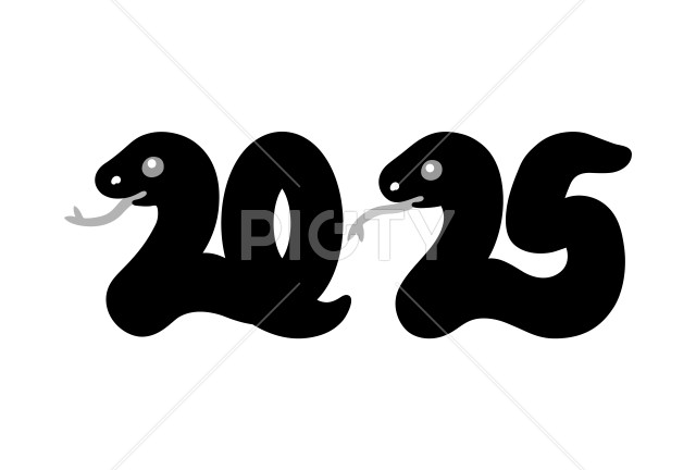 西暦2025年の巳年の蛇のモノクロイラスト