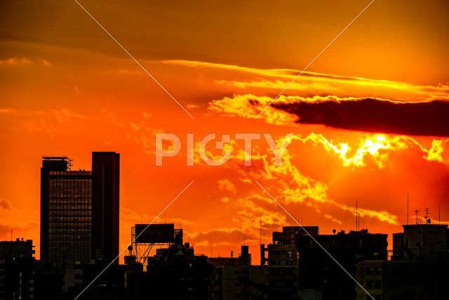 目黒の町並みと夕焼け