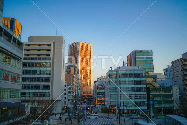 夕日に照らされる田町のビル群
