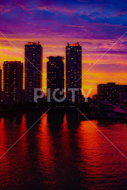 みなとみらいのマンション群と夕暮れ
