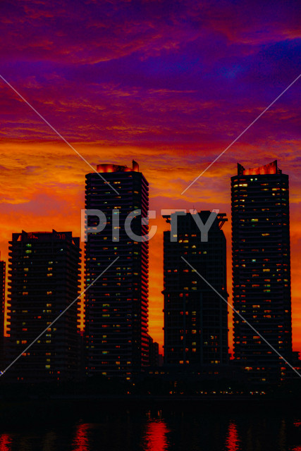 みなとみらいのマンション群と夕暮れ