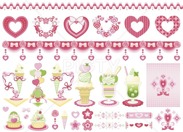 ハート装飾イラスト図案デザインセット「ハートモチーフとメロン味のスイーツ」ピンクとライトグリーン
