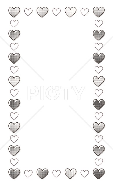 大きなドット柄のハートと小さな白抜きのハートが交互に並んだモノクロの可愛い縦長フレーム
