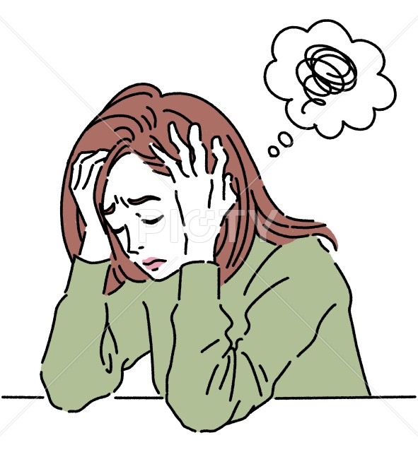 頭を抱えて悩んでいる女性のカラーイラスト