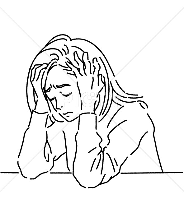 頭を抱えて悩んでいる女性の白黒イラスト