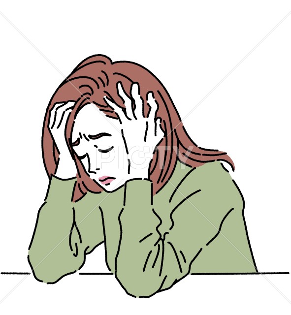 頭を抱えて悩んでいる女性のカラーイラスト