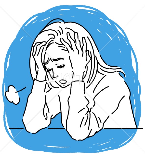 頭を抱えてため息をついている女性のイラスト