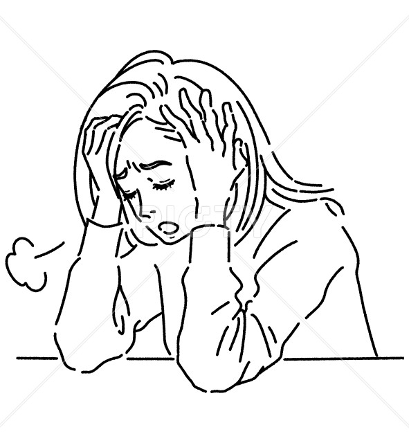 頭を抱えてため息をついている女性の白黒イラスト