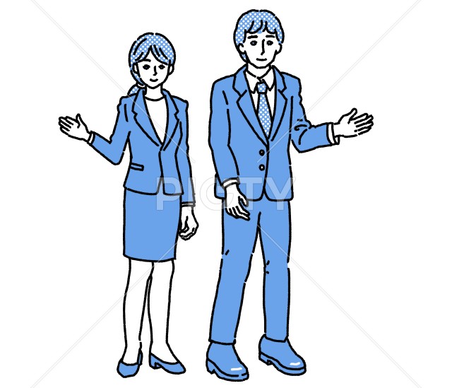 案内をするスーツ姿の男女のカラーイラスト