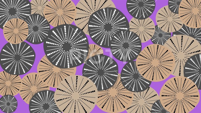 華やかな紫色の背景に黒とベージュの和モダンなドット円形模様が重なるパターン背景素材