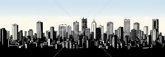 淡い青空と高層ビル群の都市シルエット