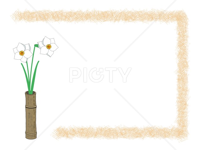 竹の花器に生けた白い水仙と冬の和風フレーム