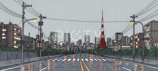 雨に濡れた路面に灯りが映る都会の街並み