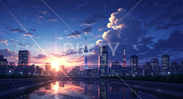 高層ビルとタワーがそびえる幻想的な都市の夕景