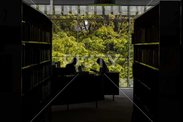 図書館で本を読む人々
