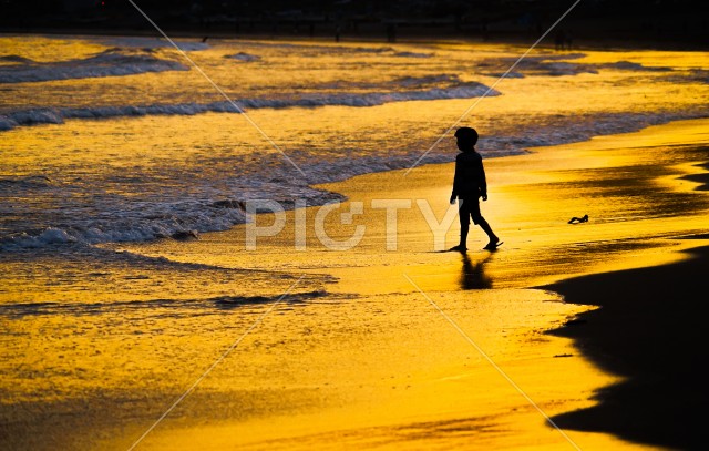 夕暮れの波打ち際で遊ぶ子供